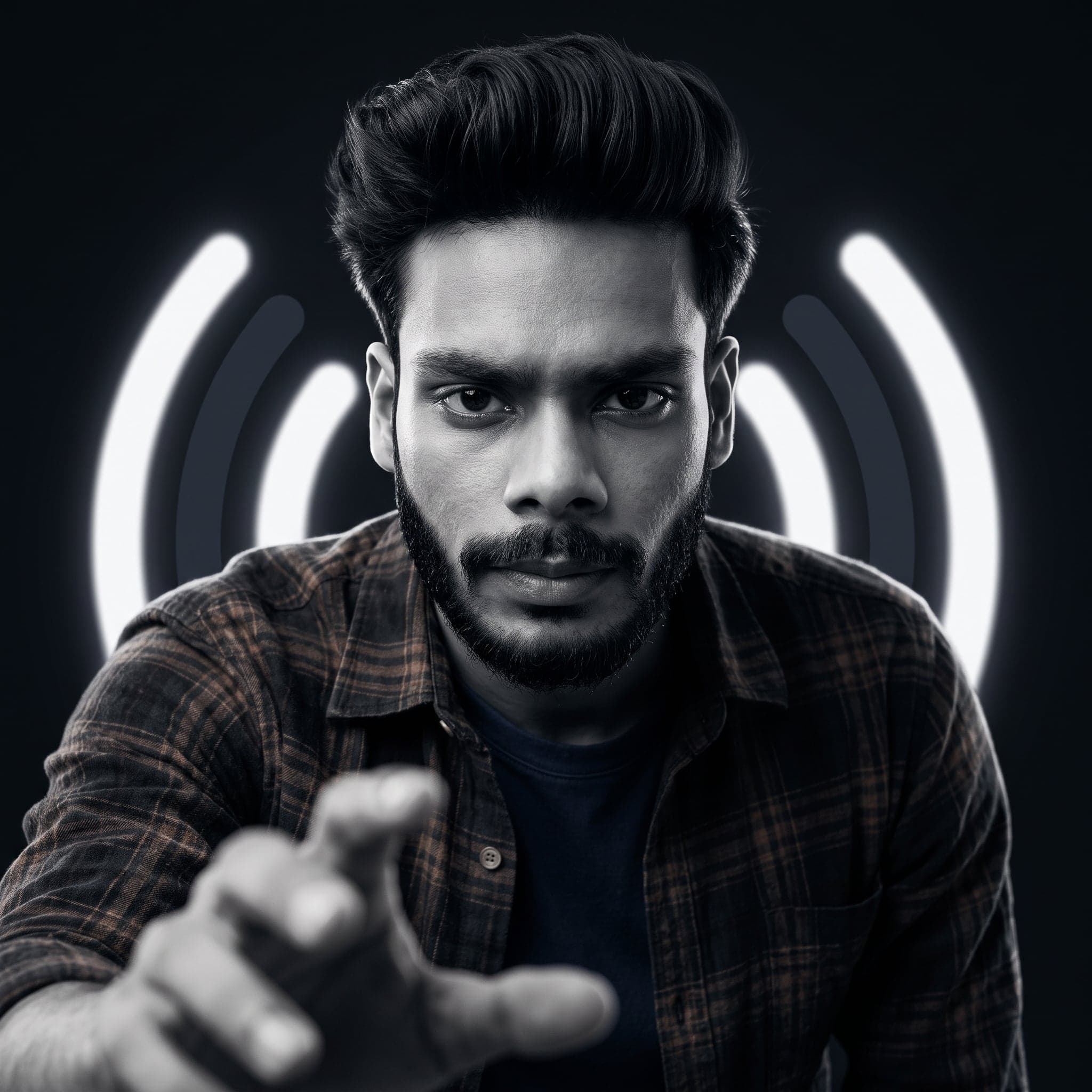 Abdullah Al Showrov, leaning toward the camera against a black backdrop.